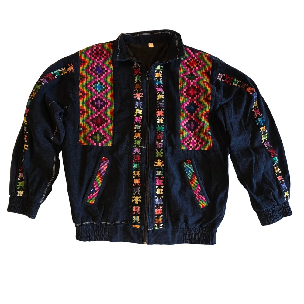 Vintage 90s Guatemalan Folk Art Embroidered Bomber Jacket L Navy Blue Cotton